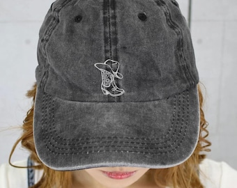 Gorra de béisbol lavada con botas vaqueras bordadas, sombrero vintage lavado bordado, sombrero de vaquero, sombrero de vaquera, regalo del oeste para vaquera y vaquera.
