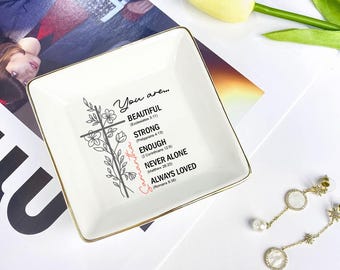 Personalized Christian Trinket Tray Bible Verse Ring Dish Flower Cross Jewelry Dish Christian Gift Religious Gift For Women Custom Keepsake