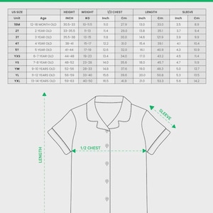 Puede incluir: Camisa de pijama de manga corta de sat&eacute;n blanco para ni&ntilde;os y j&oacute;venes. La imagen incluye una tabla de tallas con medidas en pulgadas y cent&iacute;metros. La camisa tiene cuello y botones. El texto "ALL-OVER PRINT KID AND YOUTH SATIN SHORT-SLEEVE PAJAMAS SHIRT" est&aacute; en la parte superior.