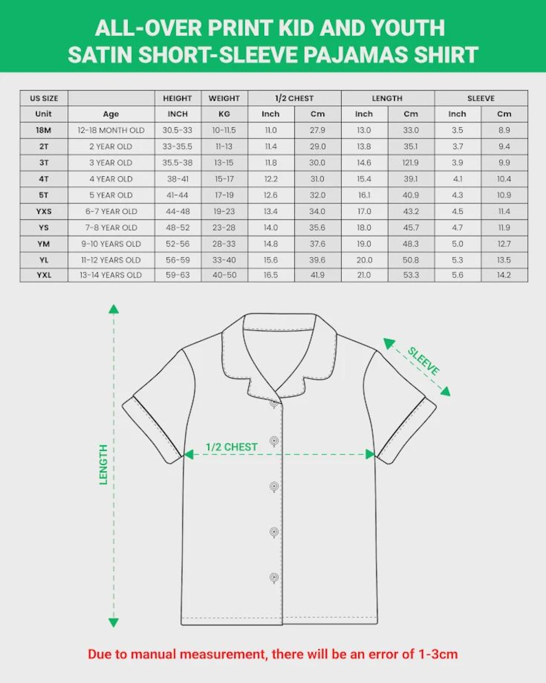 Puede incluir: Camisa de pijama de manga corta de sat&eacute;n blanco para ni&ntilde;os y j&oacute;venes. La imagen incluye una tabla de tallas con medidas en pulgadas y cent&iacute;metros. La camisa tiene cuello y botones. El texto "ALL-OVER PRINT KID AND YOUTH SATIN SHORT-SLEEVE PAJAMAS SHIRT" est&aacute; en la parte superior.