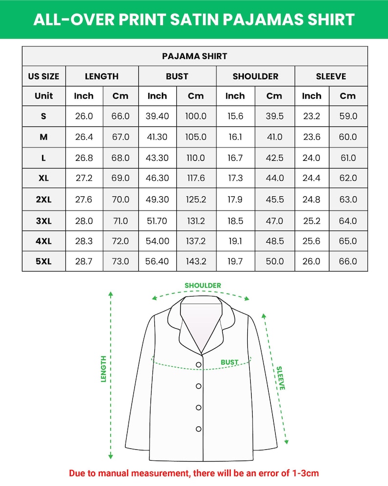 Puede incluir: Tabla de tallas de camisa de pijama con medidas en pulgadas y cent&iacute;metros para largo, busto, hombro y manga. Las tallas van de la S a la 5XL. Tambi&eacute;n se incluye una ilustraci&oacute;n del dise&ntilde;o de la camisa.