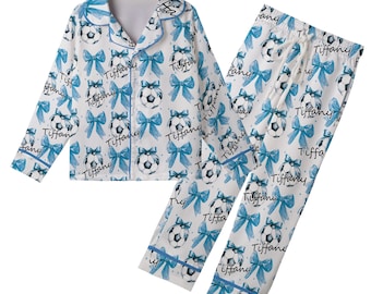 Pijama de satén de fútbol personalizado, rosa y azul, para mujer, para niños y jóvenes, ideal para mamás futboleras, regalo para familias futboleras.
