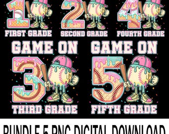 Game On 1st Grade To 5th Grade PNG, Baseball Drip Ice Cream Back to School Sublimation Design, Funny First Day of School, Digital Download