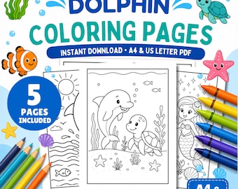 Målarbilder med delfiner för barn — 5 PDF-ark (A4 + Letter) (PDF-nedladdning)