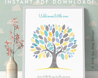 INSTANT DOWNLOAD 11x14 Baby Shower Poster Guest Book Alternative, Digital Printable in Yellow/Aqua/Grey, Just Print Yourself, Frame & Sign!