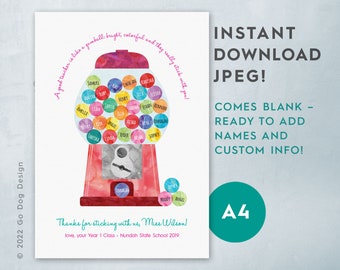 A4 Teacher Gumball INSTANT DOWNLOAD JPEG, Do It Yourself Blank Digital Printable, End of Year/Class/Appreciation Gift, Ready to Create!