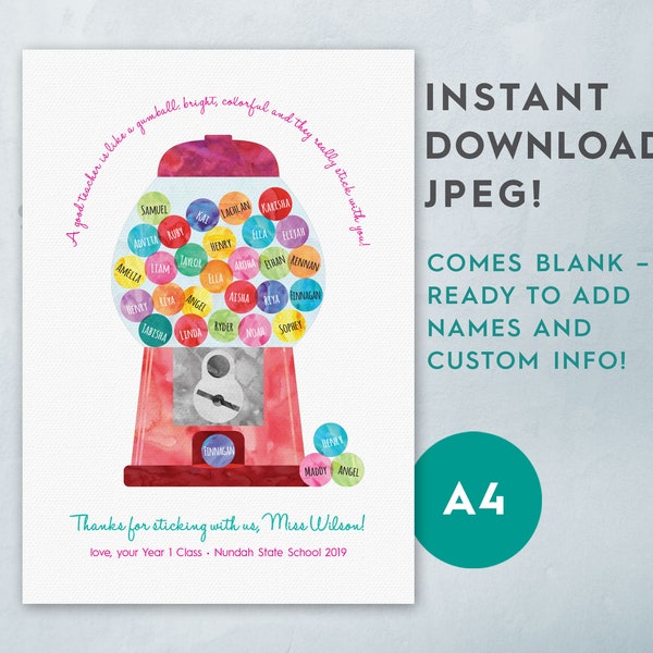 A4 Lehrer Gumball SOFORTIGER DOWNLOAD JPEG, Do It Yourself Blank Digital Printable, Ende des Jahres / Klasse / Wertschätzung Geschenk, bereit zum Erstellen!