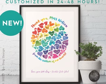 May include: A watercolor rainbow heart with the names of students written inside each heart. The text "Thank you, Miss Wilson" is at the top of the heart. The text "from the bottom of our hearts!" is below the heart. The text "love, your 2019 class - Nundah State School" is at the bottom of the image.
