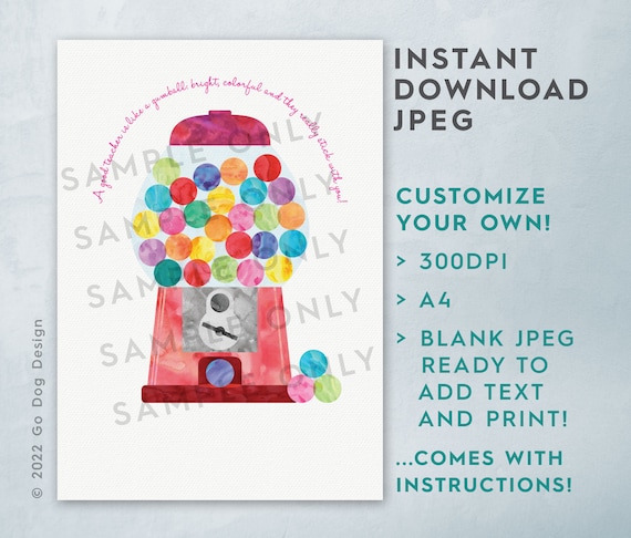 A4 Teacher Gumball INSTANT DOWNLOAD JPEG, Do It Yourself Blank 