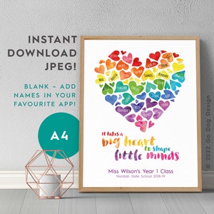A4 Teacher Appreciation Heart Instant Download JPEG, Do It Yourself Blank Digital Printable, End of Year/Class Gift, Ready to Make!