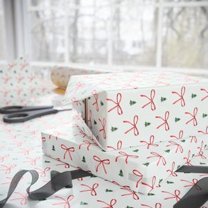 Watercolor Red Bow and Christmas Tree Gift Wrap, Festive Teen Wrapping Paper, Coquette Holiday