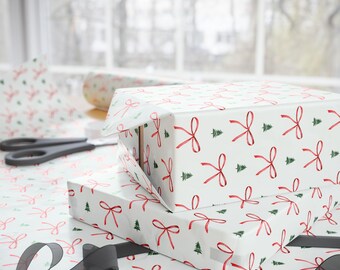 Watercolor Red Bow and Christmas Tree Gift Wrap, Festive Teen Wrapping Paper, Coquette Holiday