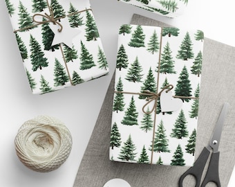 Wrapping Papers, Watercolor Pine Evergreen Trees with Snow Winter Scene - Christmas Gift Wrap, Holiday Present Packaging, Seasonal Craft