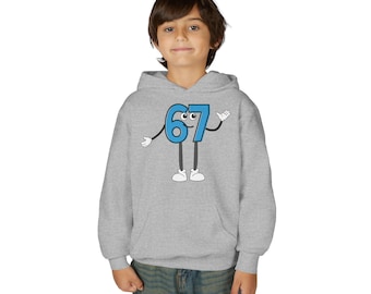 Youth Hooded Sweatshirt with Playful 67 Design, Fun Gift for Kids, Casual Wear, Birthday Presents, Everyday Comfort, Six Seven, 6 7 Meme