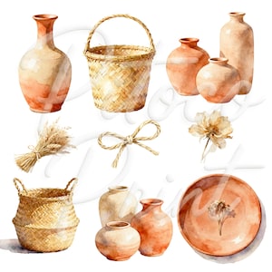 May include: Watercolor illustration of various rustic home decor items. The image features terracotta vases, woven baskets, a decorative bow, a plate, and dried wheat. The color palette includes warm earth tones.