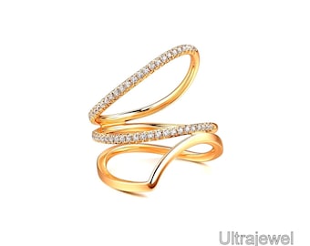 14k Gold Criss Cross Moissanite Ring: Adjustable Crossover Band