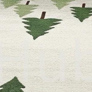 May include: A cream-colored rug with a repeating pattern of stylized green and light green fir trees with brown trunks. The trees are evenly spaced across the rug's surface, creating a forest-like design. The rug has a textured appearance.