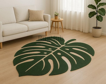 Monstera-Blatt-Teppich, handgetuftet, aus Wolle, grüner, blattförmiger Teppich, 3D-modellierter tropischer Teppich, Boho-Ästhetik, niedlicher Teppich für Schlafzimmer, Pflanzenteppich