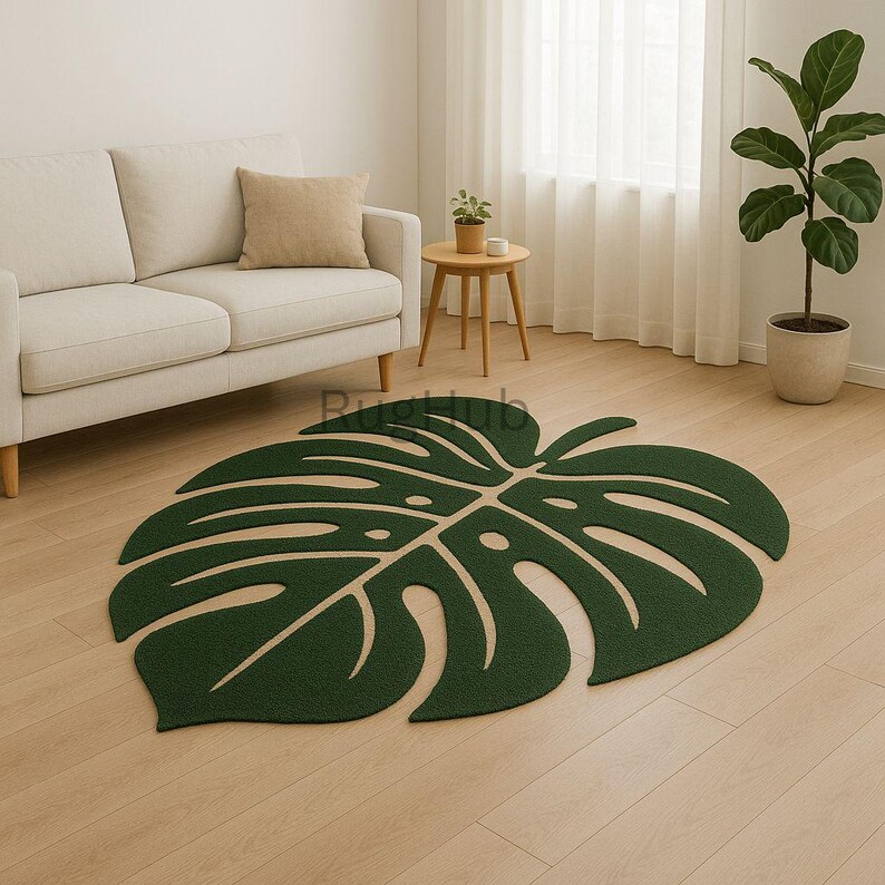 Monstera Leaf Rug – Green Tropical Shaped Carpet | Botanical Home Decor ...