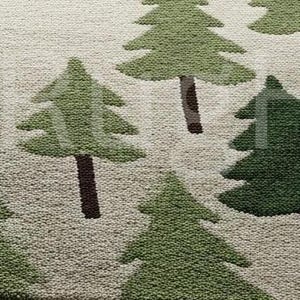 May include: A textured rug featuring a repeating pattern of stylized evergreen trees in varying shades of green. The trees have brown trunks and are set against a neutral, off-white background. The rug's design evokes a forest theme.