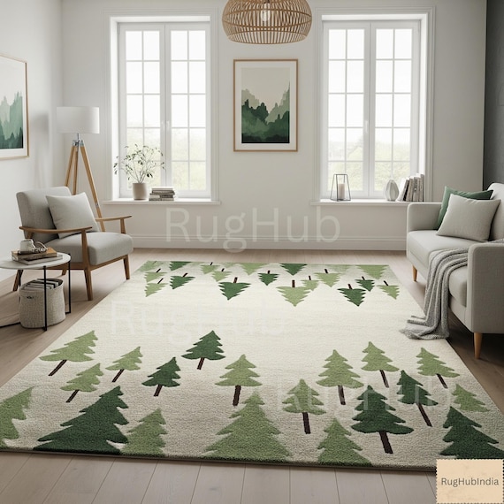 Tufted Forest Tree Rug | Green and Beige Area Rug | Woodland Nursery Decor | Modern Nature Living Room Carpet | Pine Tree Design