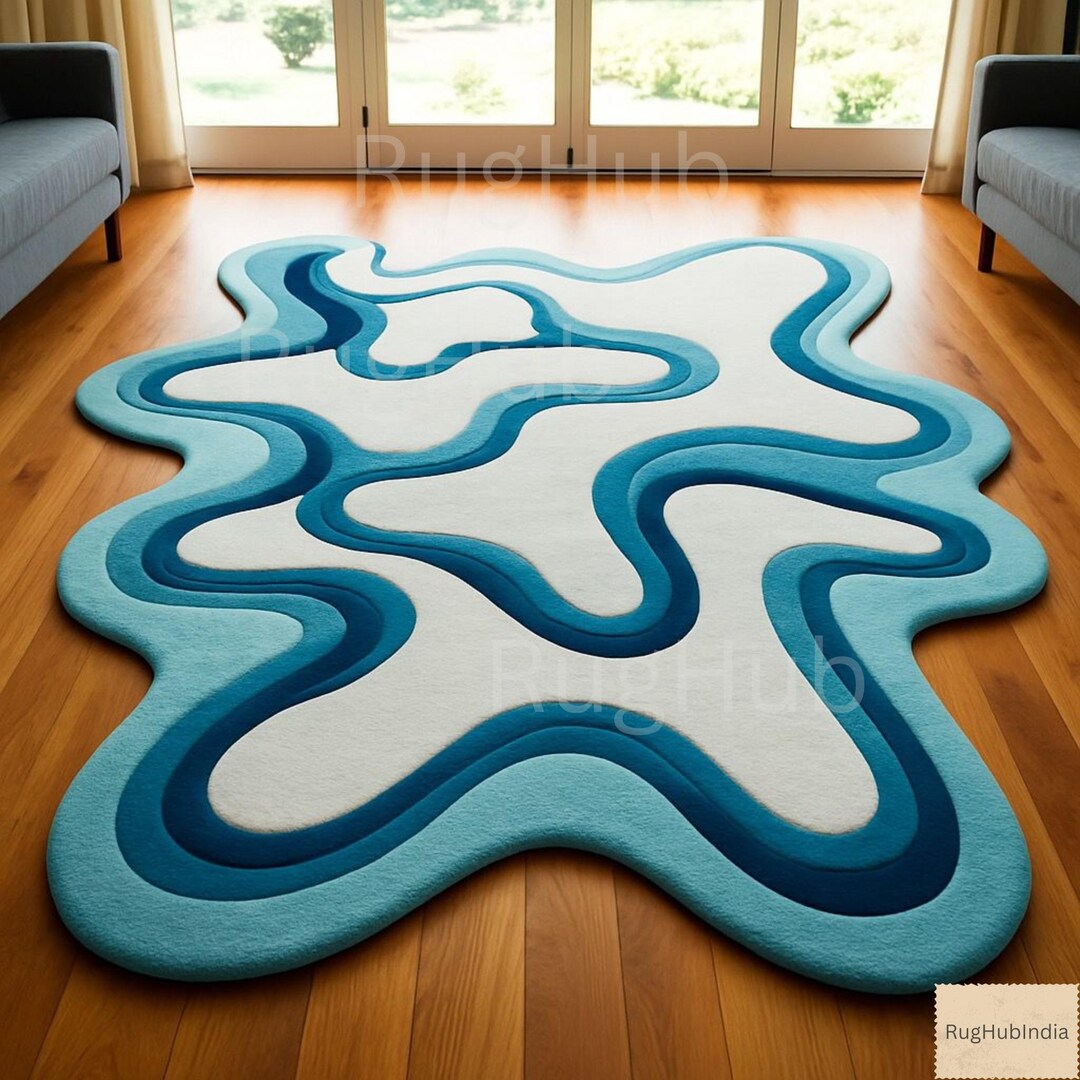 Abstract Wavy Blue & White Rug | Hand-tufted Organic Shape Area Carpet ...