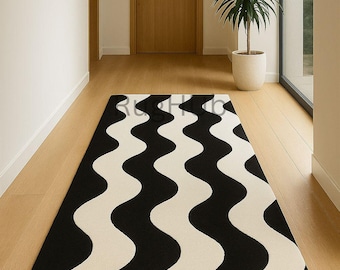 Black and White Wavy Rug – Handmade Wool Runner | Modern Minimalist Hallway Carpet | Scandinavian Abstract Decor by RugHub