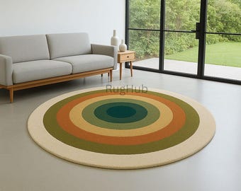 Hand Tufted Wool Round Area Rug, Modern Concentric Circle Design, Earth Tone Carpet