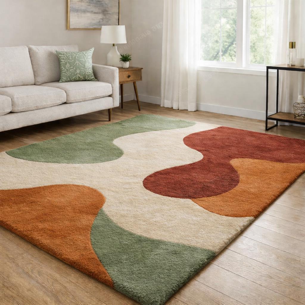 Modern Abstract Green Beige Hand Tufted Wool Area Rug for Contemporary ...