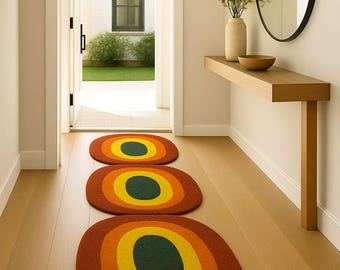 Retro Modern Oval Rug Set – Handcrafted Wool Rugs in Burnt Orange, Mustard, and Olive Green | 70s Inspired Entryway Décor