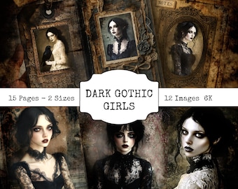 Gotiskt flickporträtt, efemera – mörka vintagebilder för scrapbooking (digital nedladdning)
