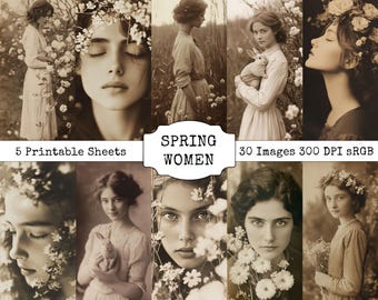 Vårens skräpjournal | Antika kvinnoporträtt, sepia vintage utskrivbara efemera (digital nedladdning)