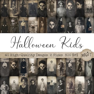 Creepy Halloween Kids – 40 Old Black and White Images, Junk Journal Ephemera, Halloween Printable, Vintage Spooky Children Portraits