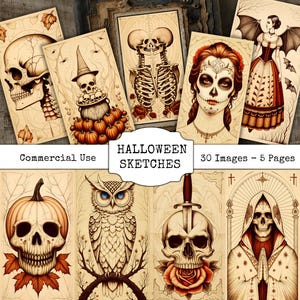 Puede incluir: Una colección de bocetos de Halloween de estilo vintage. Las imágenes presentan calaveras, esqueletos y otras ilustraciones espeluznantes. El texto de la imagen dice "Halloween Sketches" y "30 Images - 5 Pages".