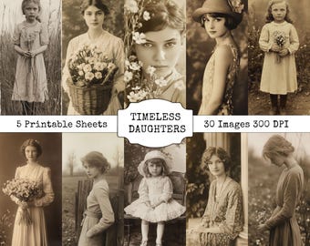 Antika sepiafärgade flickporträttutskrifter | Vintage Ephemera (digital nedladdning)