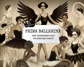 Vintage Ballerina Clipart – Eleganta PNG- och JPG-scrapbookingelement (Direktnedladdning)