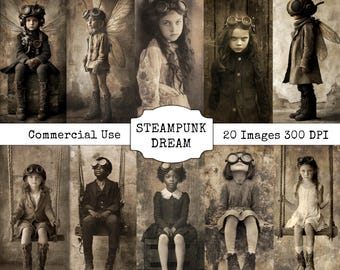 Vintage Steampunk-porträtt – Junk Journal-sidor, utskrivbara antika efemera-ark, 2 storlekar