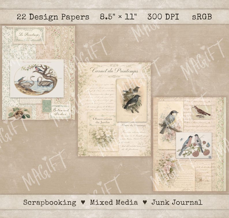 Birds Archive Vintage Ephemera Pack – Junk Journal Collage Sheets ...