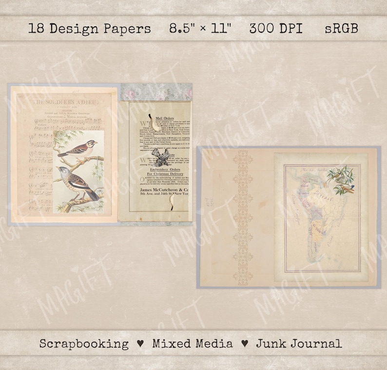 Vintage Ephemera Paper Pack - Graceful Birds for Junk Journal ...