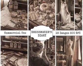 Vintage sömnadstryck, skräpjournalkit, antika foton, collageelement (16 bilder)