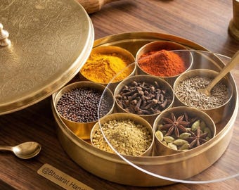 Brass Masala Box: Indian Spice Container, Handmade Kitchen Storage