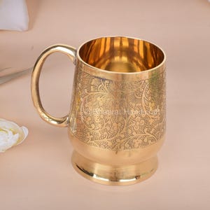 Handmade Brass Engraved Cup with Handle | Traditional Indian Mug | Vintage Brass Drinkware | Ayurveda Brass Tumbler by Bhaarat Handicraft
