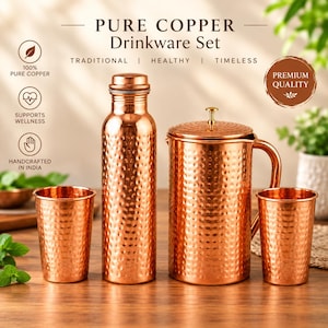 100% Pure Copper Pitcher Set with Ayurvedic Copper Water Bottle & Drinking Cups, Wellness Gift