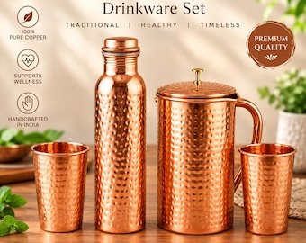 100% Pure Copper Pitcher Set with Ayurvedic Copper Water Bottle & Drinking Cups, Wellness Gift