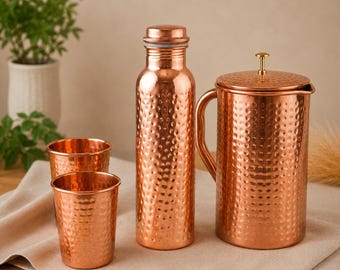 100% Pure Copper Pitcher Set with Ayurvedic Copper Water Bottle & Drinking Cups, Wellness Gift