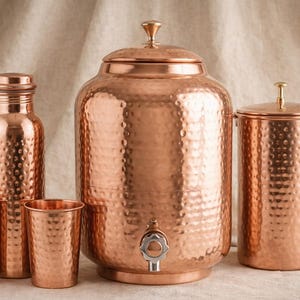 Pure Copper Drinkware Combo | 8L Dispenser, 1.5L Jug, Bottle, 4 Glasses | Ayurvedic Gift