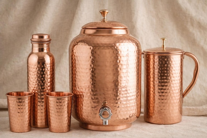 Pure Copper Drinkware Combo | 8L Dispenser, 1.5L Jug, Bottle, 4 Glasses | Ayurvedic Gift