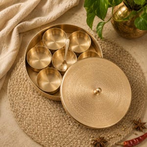Könnte beinhalten: Eine runde Gewürzdose aus Messing mit einem abnehmbaren Deckel mit komplizierten geätzten Mustern, die sieben kleine kreisförmige Messingschalen und einen einzelnen Messinglöffel enthält. Der Behälter hat eine polierte Metalloberfläche und eine glatte Innenseite.