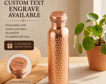 100% Pure Hammered Copper Water Bottle, Ayurveda Detox Drinkware with Screw Lid Eco Friendly