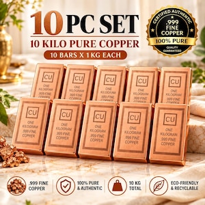 May include: A 10-piece set of pure copper bars, each weighing 1 kilogram, totaling 10 kilograms. Each rectangular bar is stamped with CU, ONE KILOGRAM, and .999 FINE COPPER. The set includes a gold-colored certification seal and text labels.